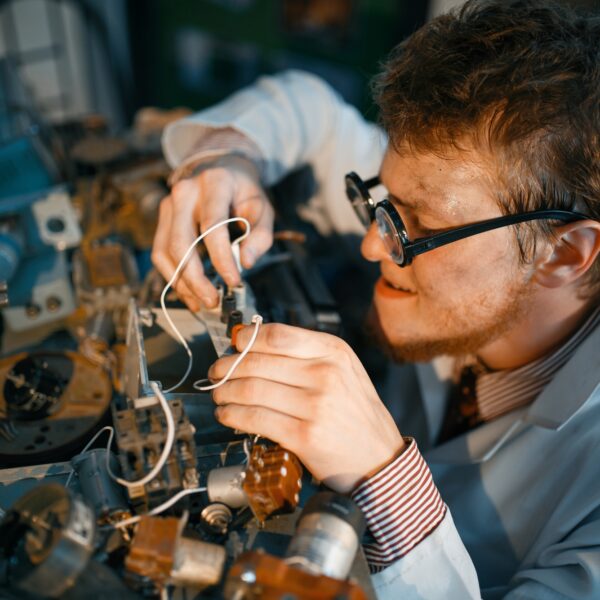 Scientist prototyping electrical device in lab